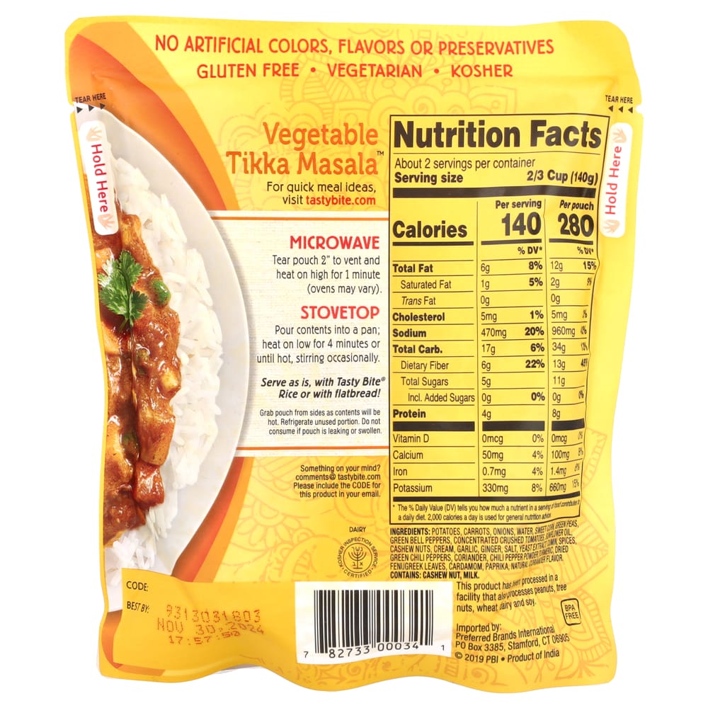 Tasty Bite Indian Vegetable Tikka Masala Mild 285g (10oz)