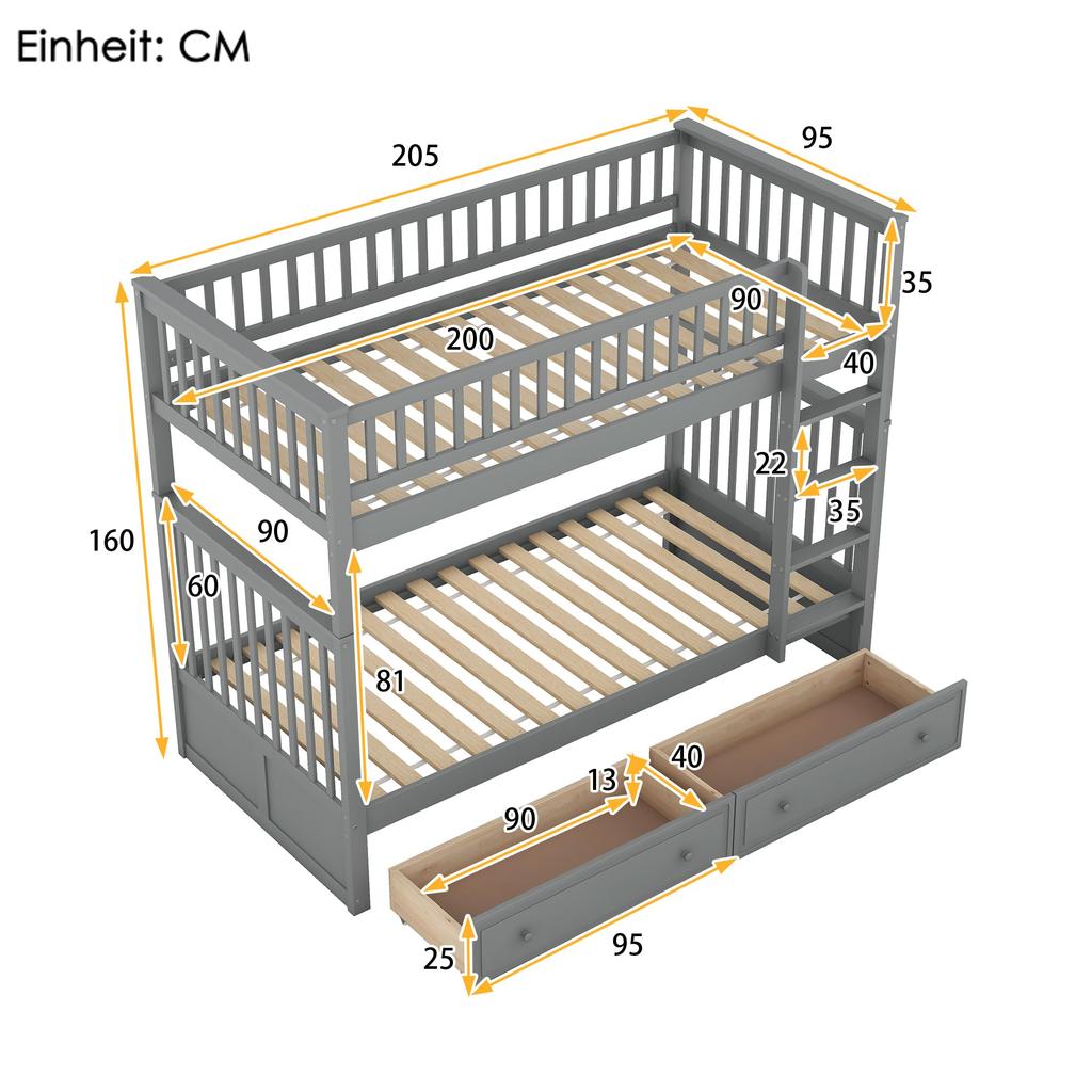 Etagenbett für Kinder 90x200cm, Kinderbett Hochbett mit Rausfallschutz & Schubladen, Cabrio Einzelbett Bettgestell mit Leiter & Lattenrost