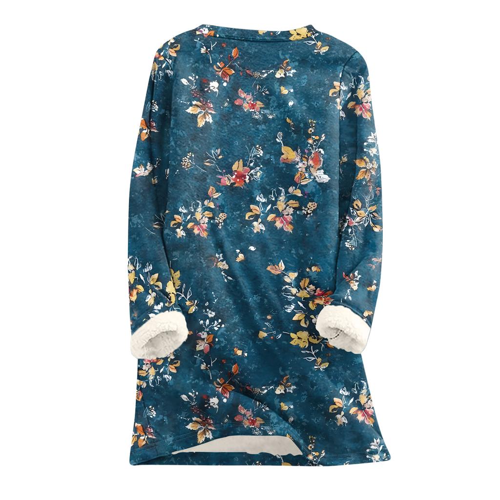Dámský top s kulatým výstřihem s potiskem, zahuštěný plyšový kašmírový hřejivý dlouhý top