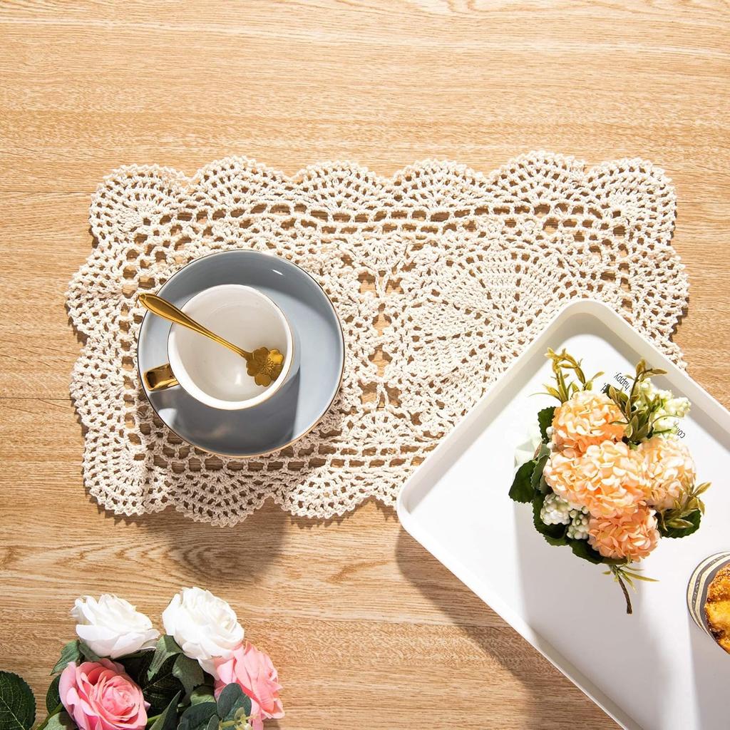 Eiyye Handmade Rectangle Doilies, 2-Piece Handmade Crochet Cotton Doilies Lace Table Crochet Placemats Coaster 10.6x16.9 inch (Beige)