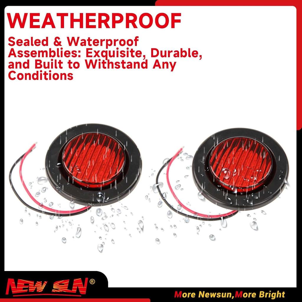 NEW SUN Premium 2.5" Round LED Trailer Lights, 13 Red LEDs Side Marker Lights, Clearance Lights Kits With Grommet & 2-Pin Plug - Universal For