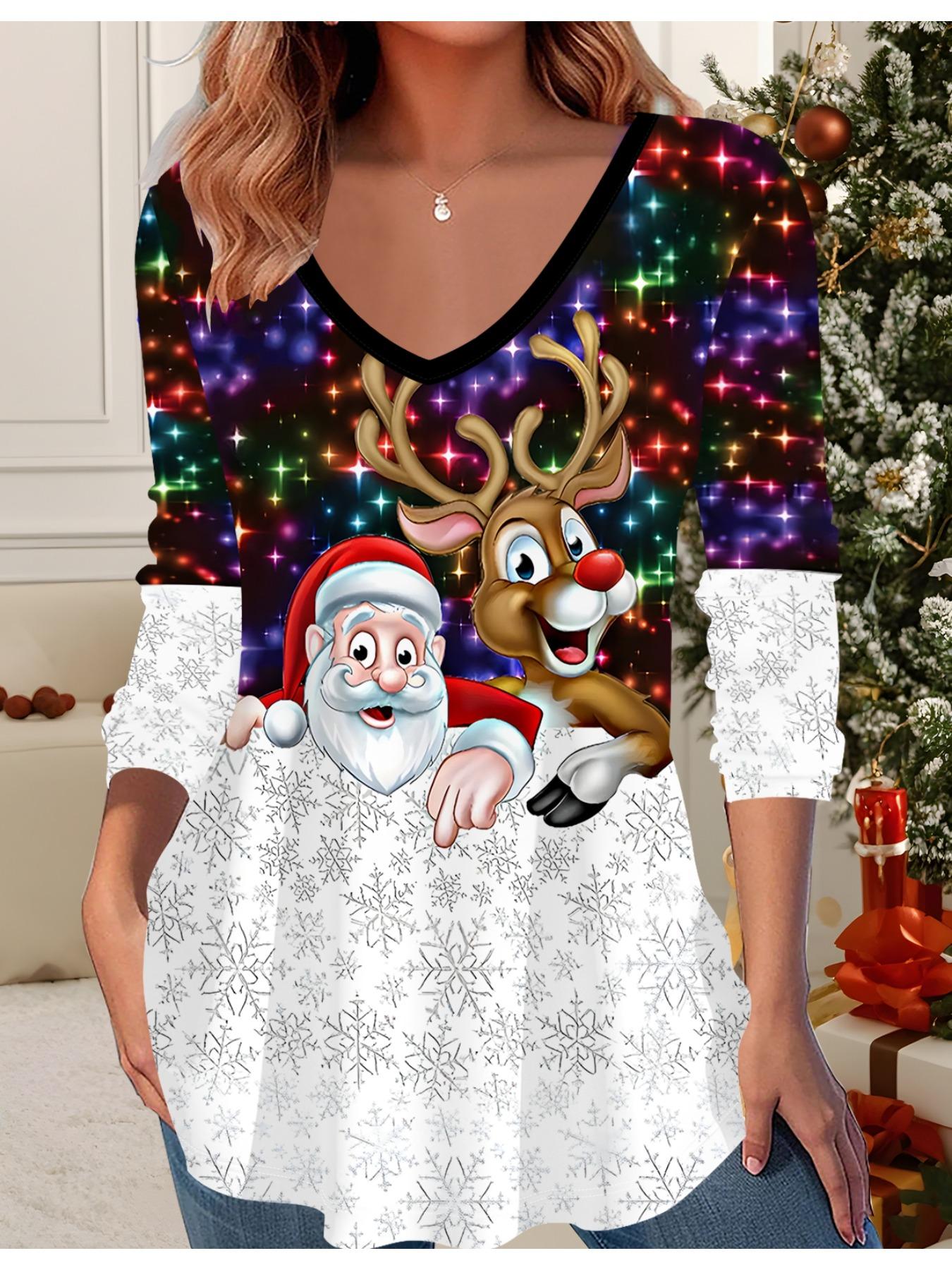 

3D Рождественская Принтованная Модная Повседневная Женская Футболка с V-образным вырезом и длинным рукавом - Одежда для новогодней вечеринки, Праздничный подарок 6XL