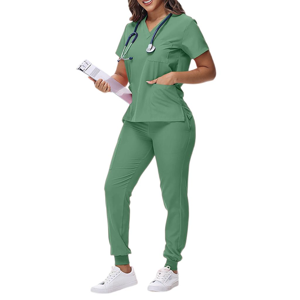 Women's Loose And Comfortable V-neck Short Sleeved Workwear With Tie Up Top And Waist Cinching Beauty Suit Set