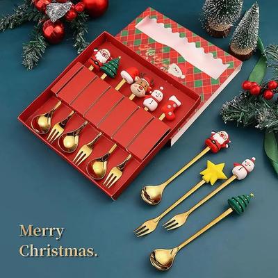 (2/4/6pc) Christmas Spoon and Fork Set Stainless Steel Creative Tableware Coffee Tea Dessert Spoon and Fork Exquisite Gift Set