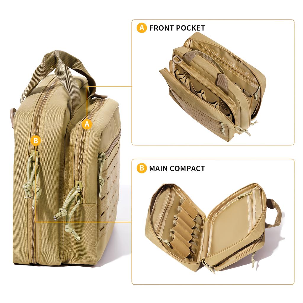 Durable Polyester Tactical Range Bag, 2 Pistols, Adjustable Strap, Zippered Pockets & Mesh. Ideal for Shooting & Hunting.