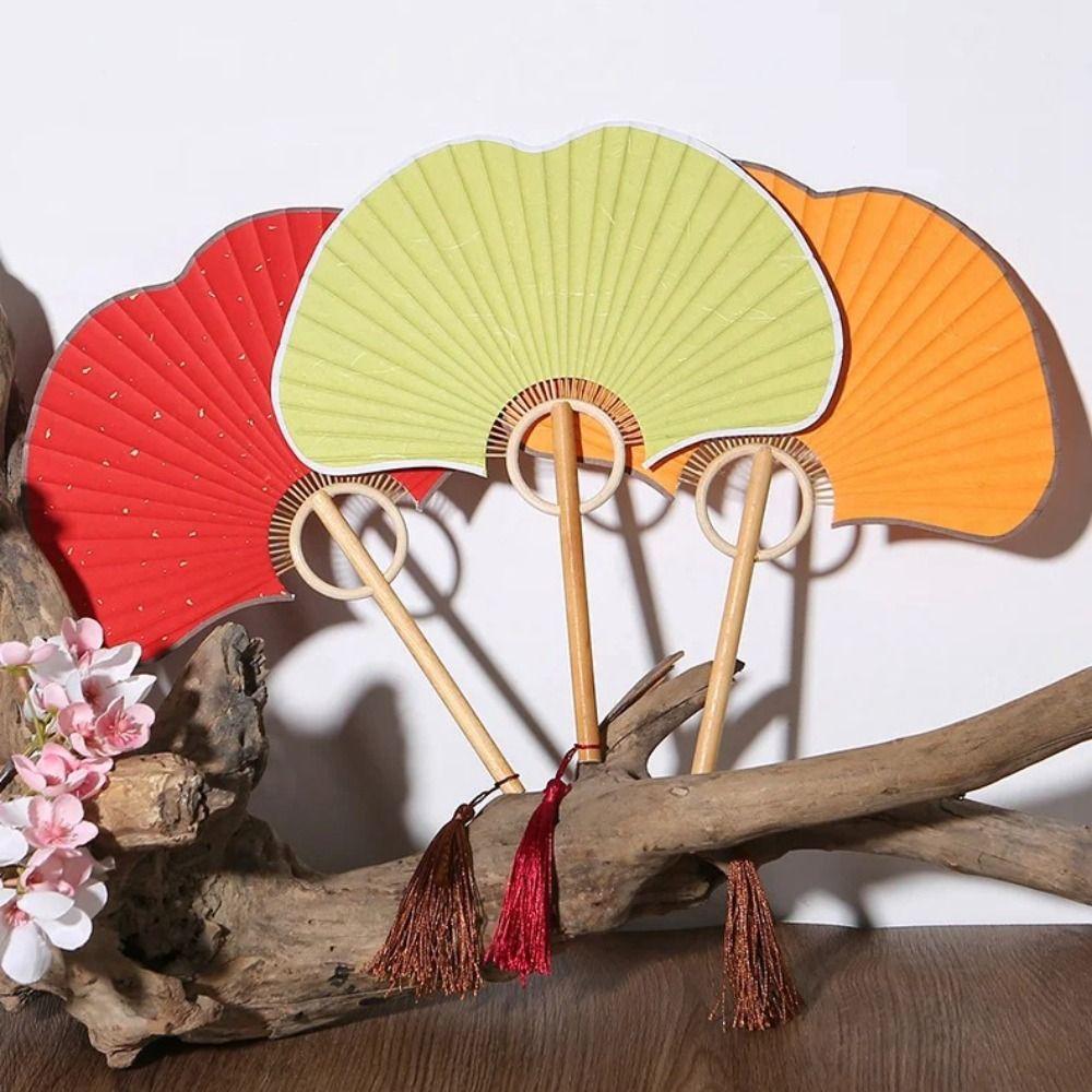 Handwerk Doppelseitiger Ginkgo Runder Fächer Exquisiter Vintage Reispapierfächer Tragbarer Hand-Kreisfächer Sommerdeko