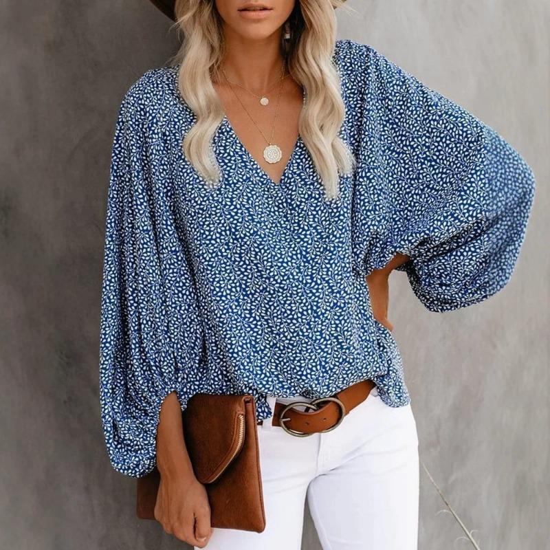 Summer V Neck Printed Lantern Sleeve Loose Fit Shirt