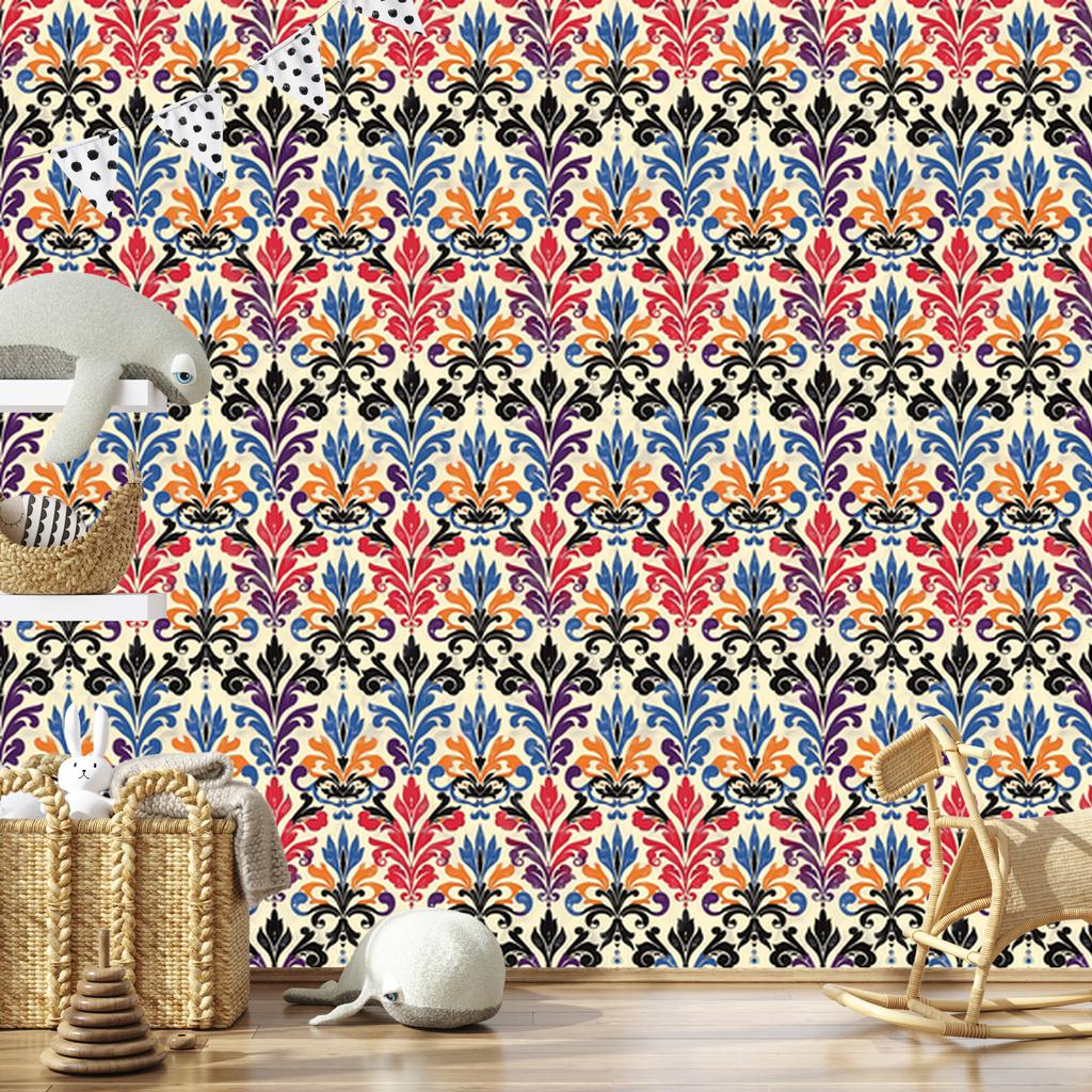 Baroque Damask Wallpaper Cream, Blue and Brown 50x1000