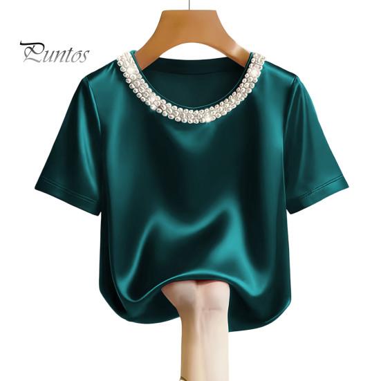 Tee Shirt Women T-shirt Round Neck Satin Fabric with Hand-Sewn Imitation Pearls Short Sleeve Loose Fit Casual Tops Hand-sewn Pearl Neckline