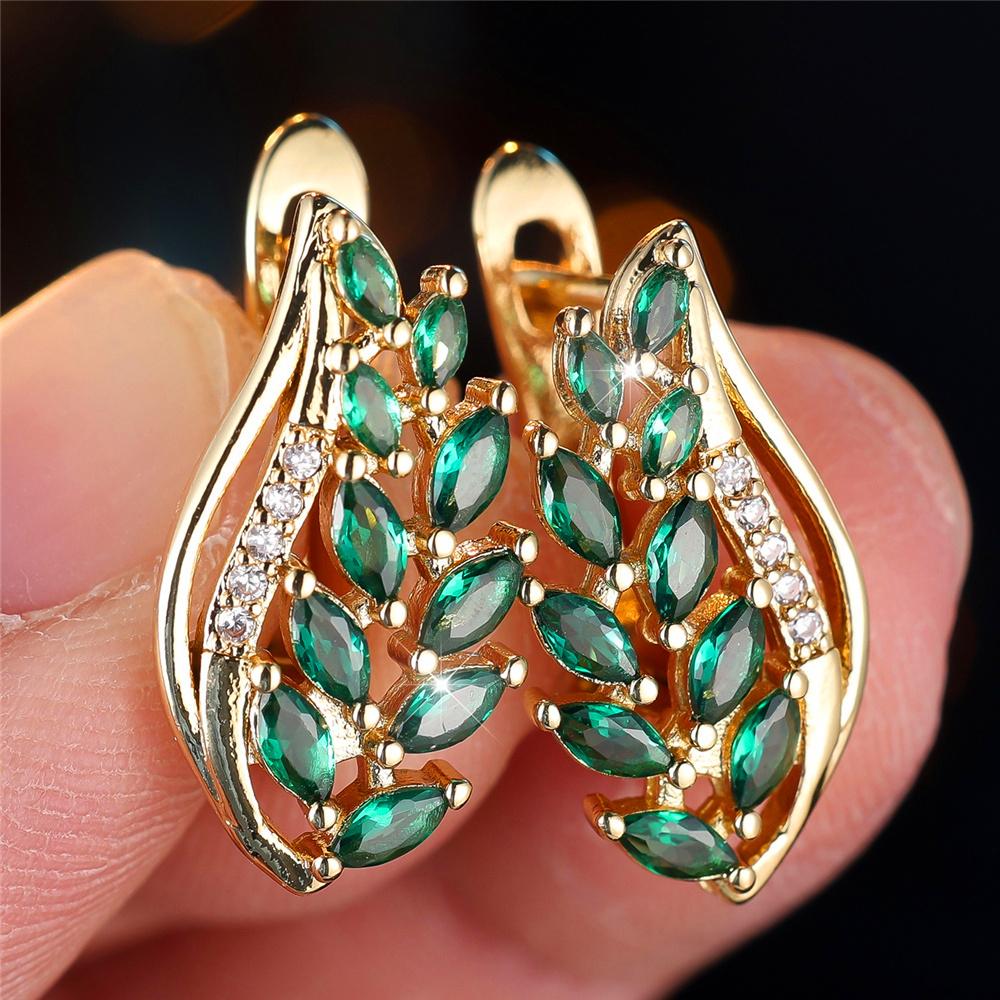 Cute Female Green Crystal Zircon Wheat Hoop Earrings For Women Silver Gold Color Wedding Jewelry