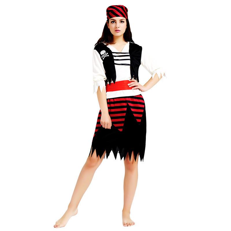 Adult Womens Trendy Red And Black Pirate Costume Dress Featuring Striking Skeleton Theme