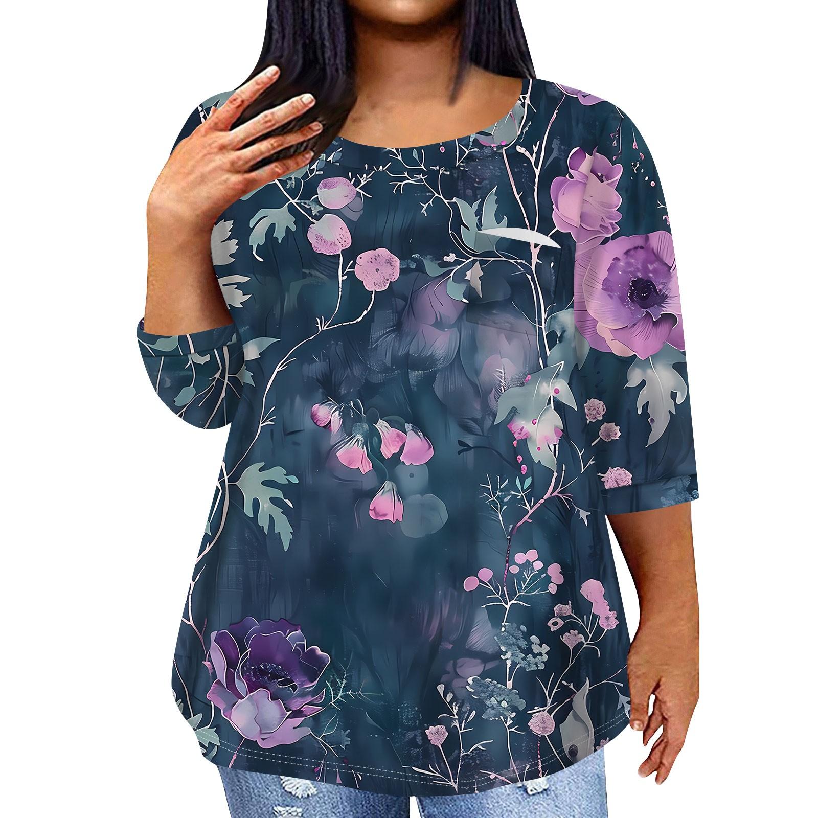 

Жіночий модний повсякденний пуловер з принтом і круглим вирізом з рукавом три чверті та рукавом 4/3 XXXXXL Темно-синій