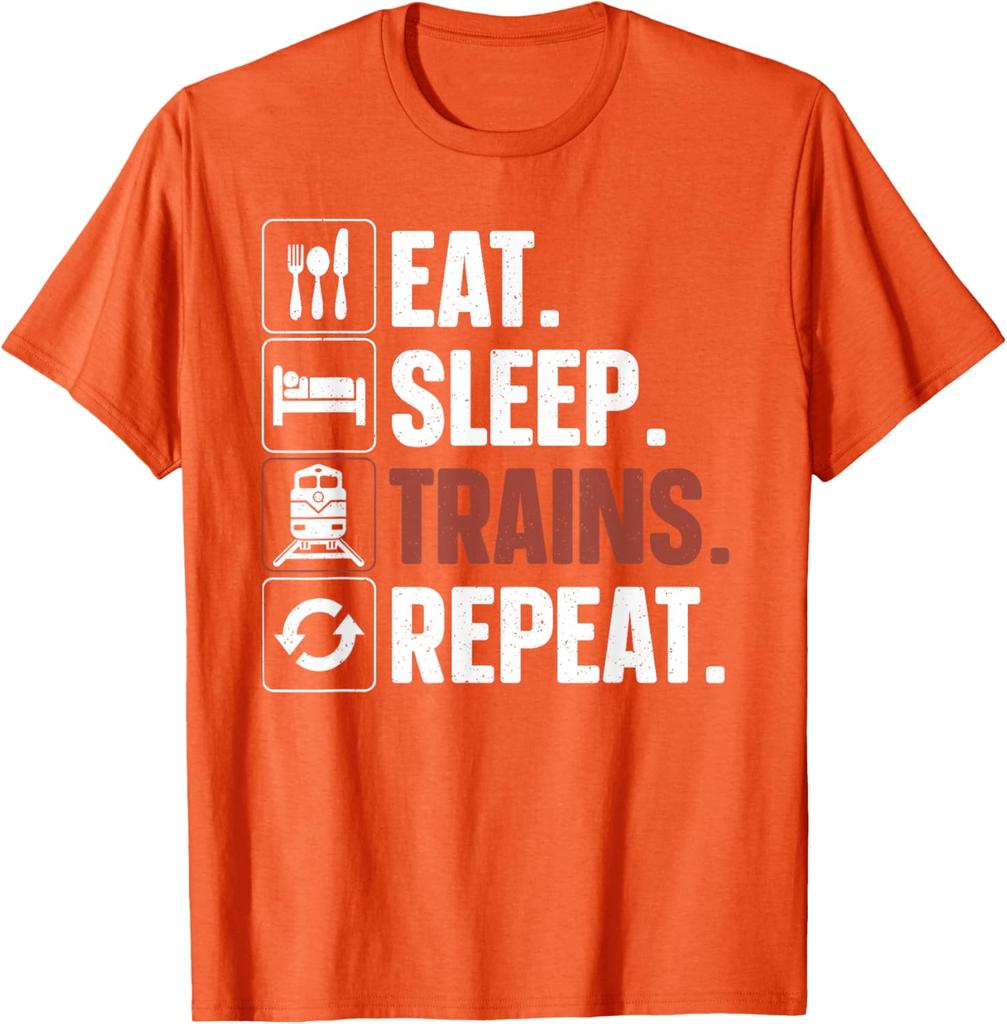 Eat Sleep Trains Repeat Graphic Tee Funny Railroad Lover Casual Short Sleeve TShirt