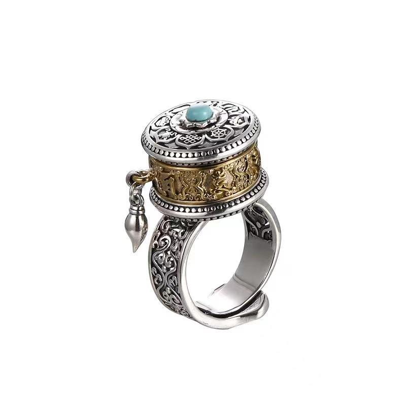 

Adjustable Vintage Style Ring with Ornate Engraved Band and Rotatable Decorative Top with Small Pendant Detail Silver and Gold Tone One Size