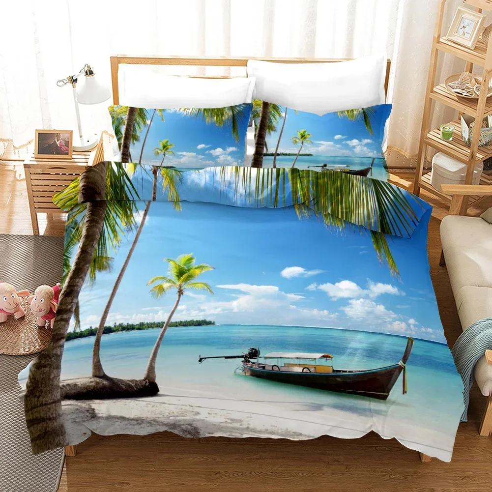 Tropical Island With The Palm Tree Comfortable Duvet Quilt Cover Pillowcase Bedding Set Children Bedroom Decoration Home Textile