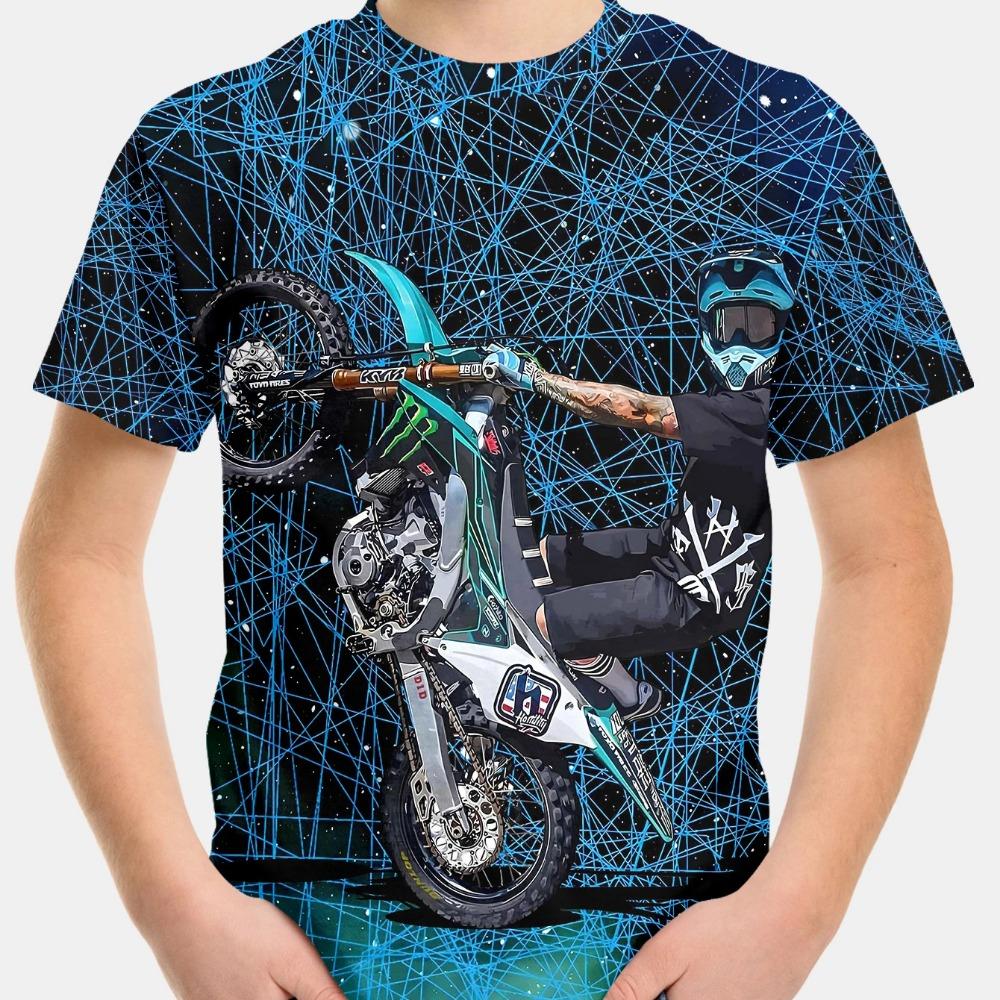

Летняя детская одежда 2025 года, детская футболка с мотоциклом, 3D-печать, короткий рукав, свободные топы для мальчиков и девочек, уличная одежда 100