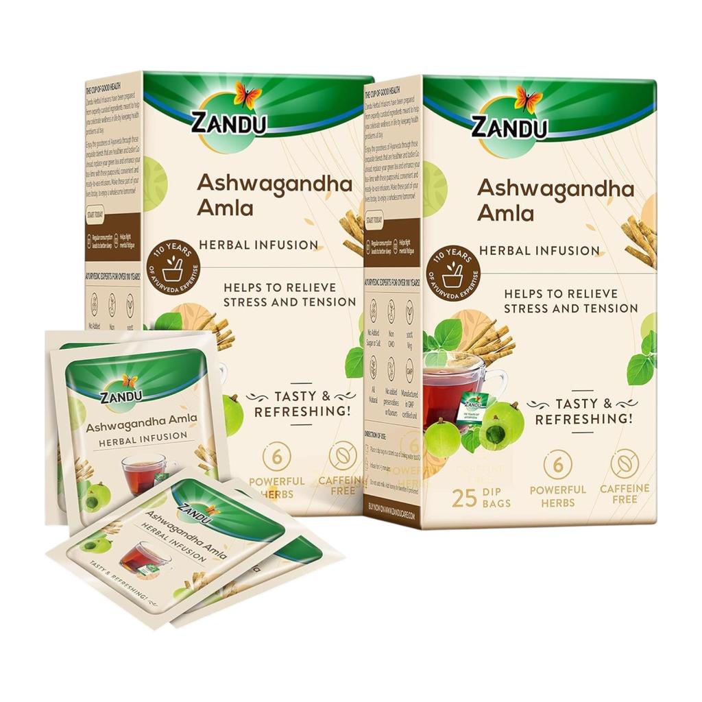 Zandu Ashwagandha Amla Ayurvedic Herbal Tea 25 Tea Bags X Pack Of 2 | Relaxing Stress Relief Infusion