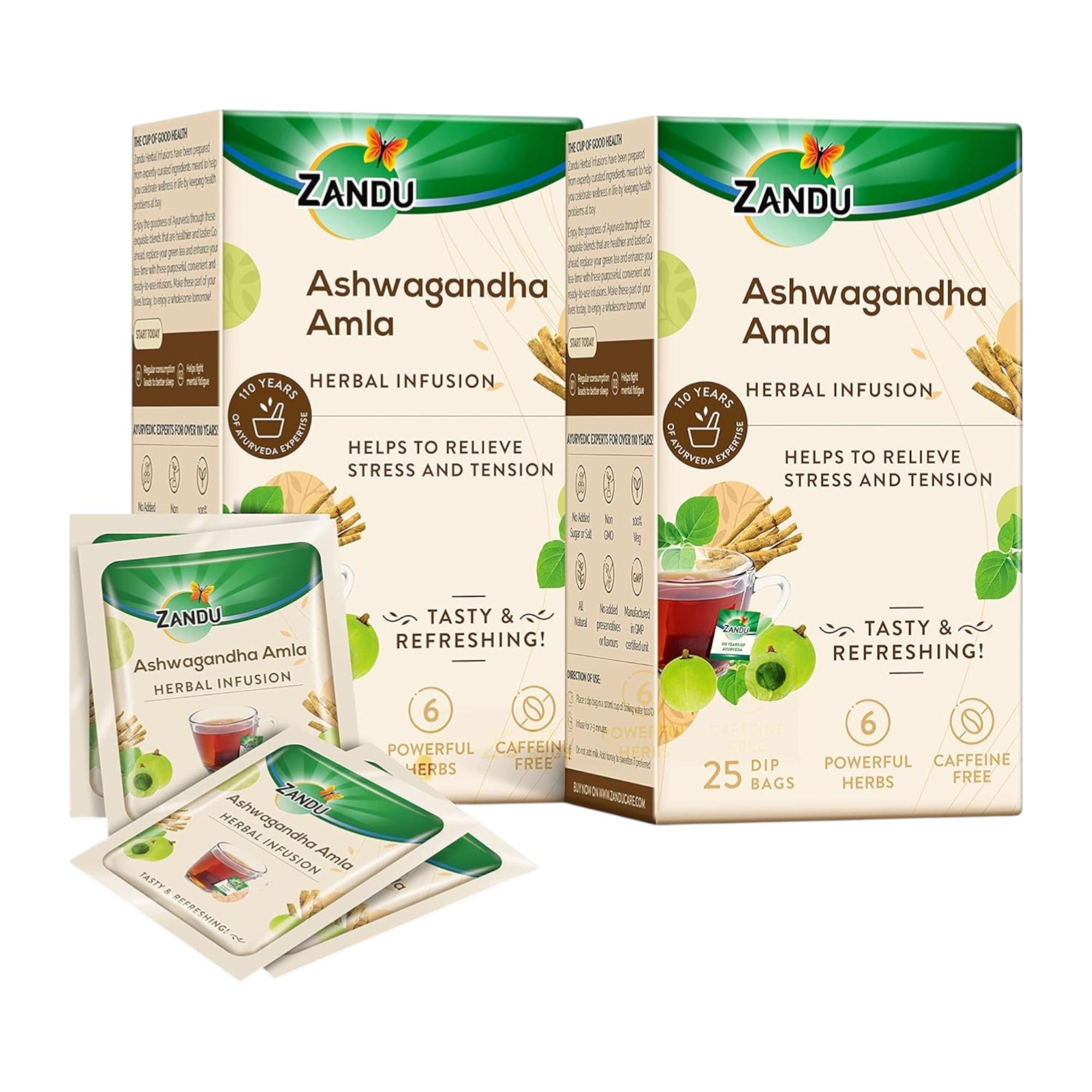 

Zandu Ashwagandha Amla Ayurvedic Herbal Tea 25 Tea Bags X Pack Of 2 | Relaxing Stress Relief Infusion