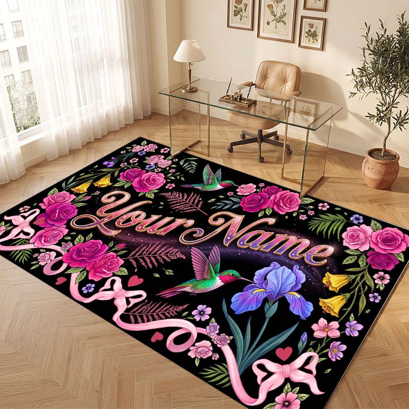 Floral Garden Theme Crystal Velvet Floor Rug Personalized Custom Name Text Warm Carpet Home Decoration