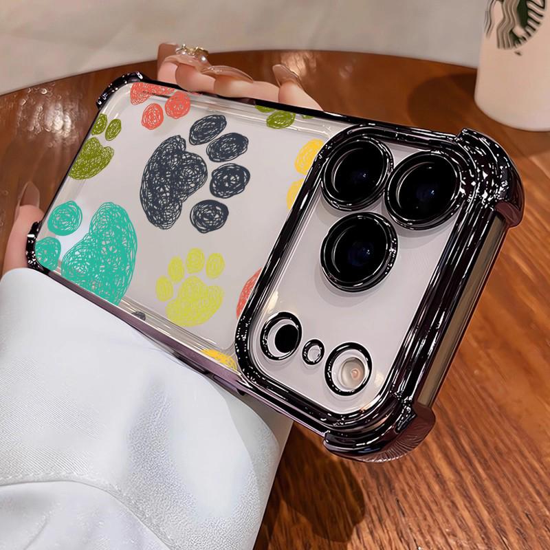 

Colorful Paw Print Pattern Electroplated Clear Shockproof Phone Case For iPhone 17 Air 16 15 14 13 12 11 ProMax Plus Cover 17pro iPhone 12 Pro