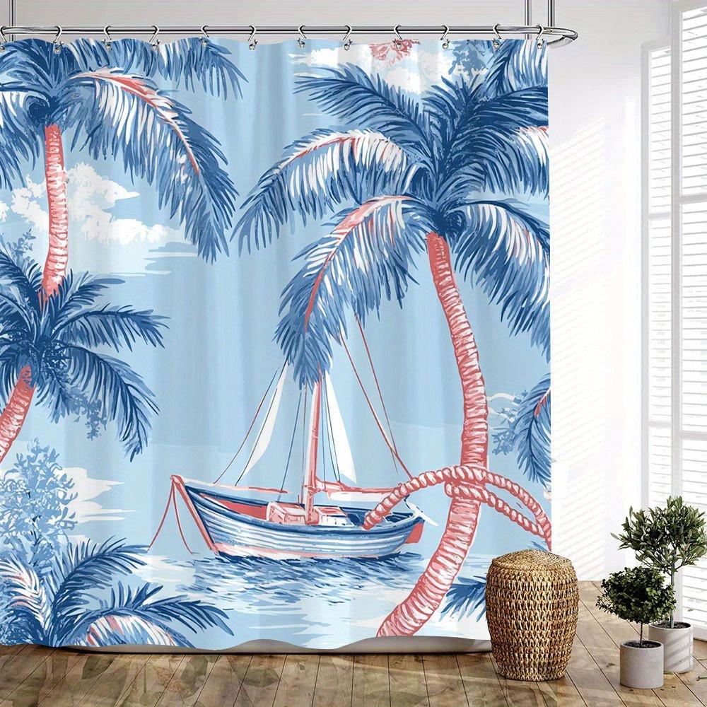 

1pc Vintage Nautical Sailboat & Palm Tree Shower Curtain - Tropical Coastal Design with Blue Sky, Fluffy Clouds & Calm Waters, 90x180cm