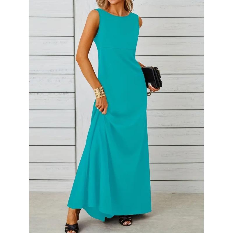 Spring and Summer Elegant and Pure-colored Round-neck Short-sleeved Resort-style Women's Dresses