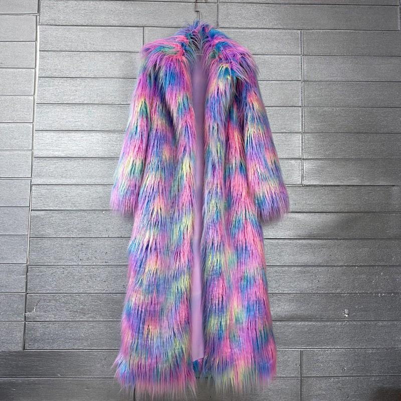 Womens Faux Fur Long Coat Notched Lapel Winter Streetwear Colorful Fluffy Outerwear
