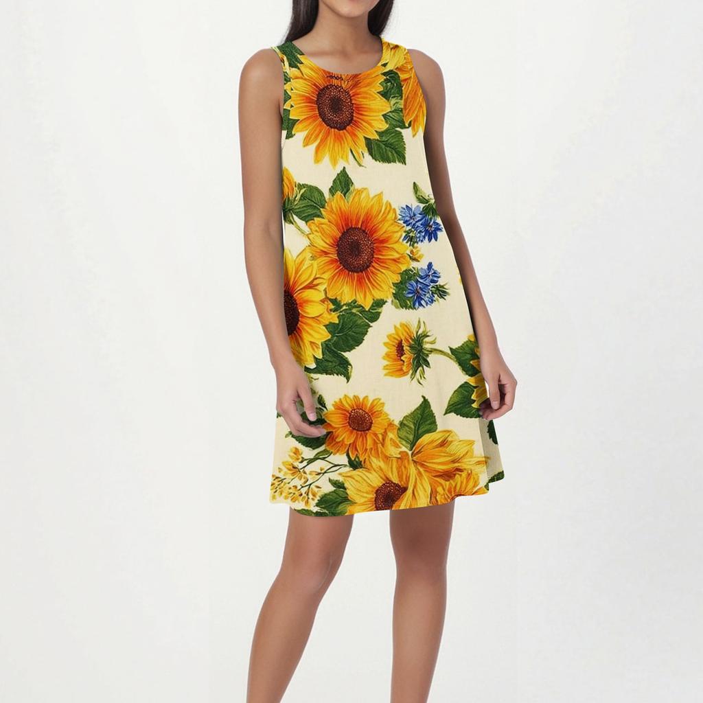 Robe de plage tendance pour femme, sans manches, col rond, imprimé floral
