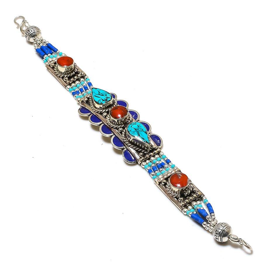

Tibetan Turquoise, Coral Gemstone Handmade Bracelet 7-8 n6W18