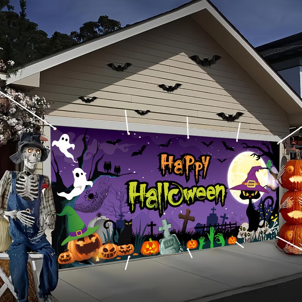Halloween garage banner - 154.7 inches x 72.8 inches, durable polyester fabric, moon and black cat patternDJH