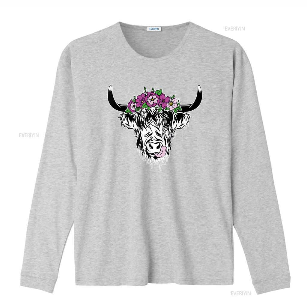 Damen Schottische Hochlandkuh Rinder Haarige Blumen Damen T-Shirt Schwarz Vintage Gewaschen Designer-Kleidung Dehnbar Mode