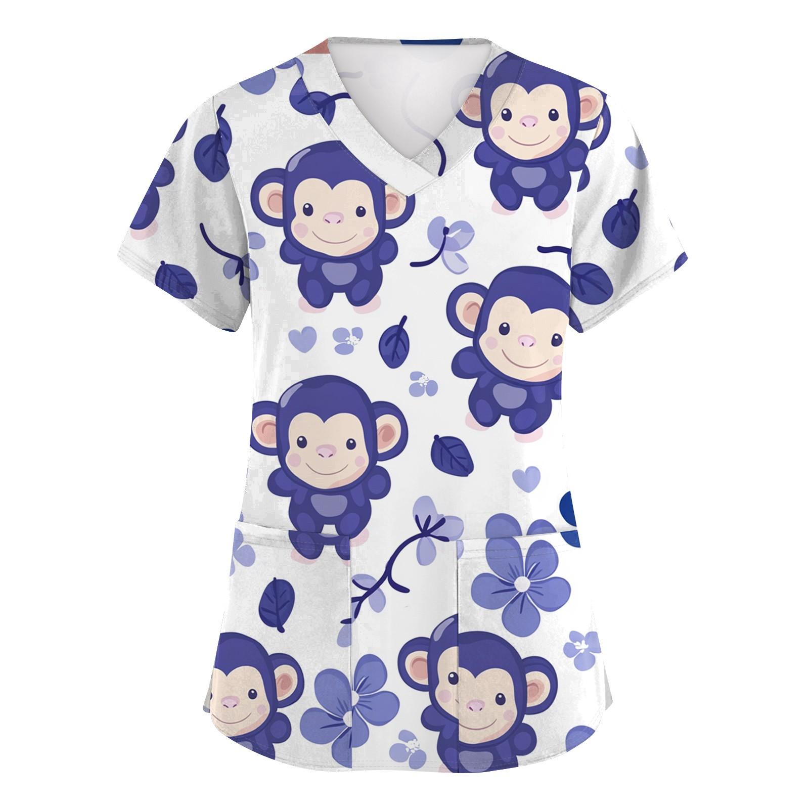 

Женская мода с коротким рукавом, симпатичным принтом животных, V-образным вырезом, карманом, рабочая одежда, топы XL фиолетовый