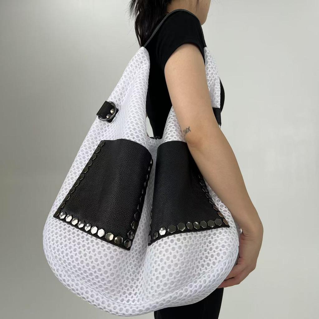 Women'S Mesh Splicing Leather Bucket Bag Large Capacity Retro Personalized Shoulder Bag