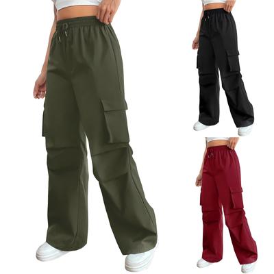 Women  Elastic High Waist Pant Casual Active  Fit Wide Leg Long Pants Trousers With Pockets