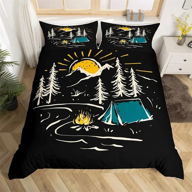 Western Cowhide Duvet Cover King Size Happy Camping Bedding Set Polyester Farmhouse Style Comforter Cover For Travel Rv Bunk Bed