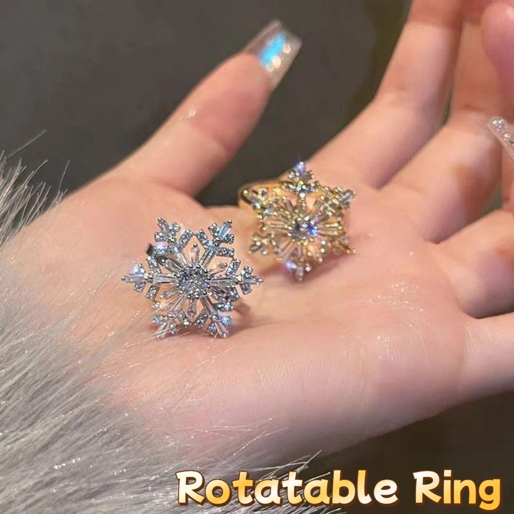 Sparkling Snowflake Ring Crystal Zircon Finger Ring Creative Rotatable Snowflower Ring  Wedding