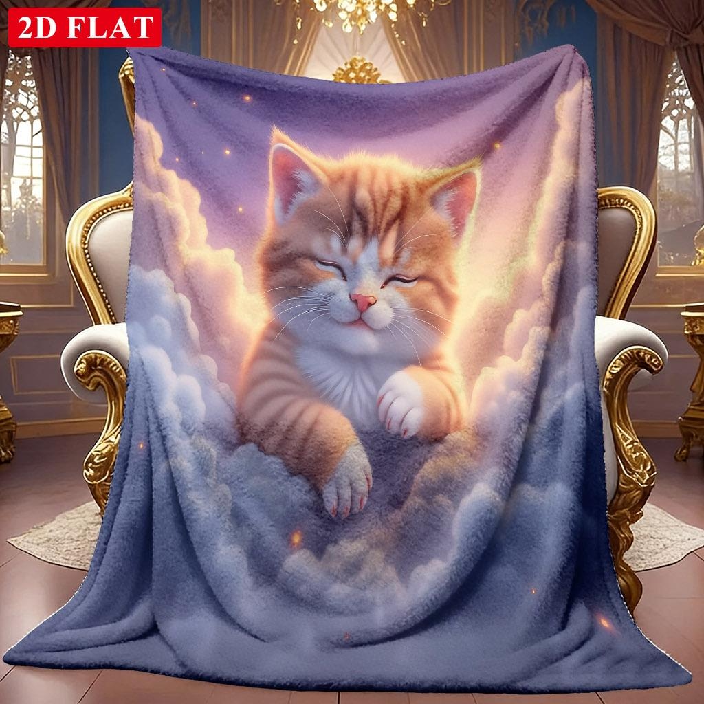 A Flannel Blanket Featuring a Sweetly Sleeping Orange Kitten in 2D Clouds, with Soft High-definition Digital Printing. This Cooling Blanket Is Suitabl