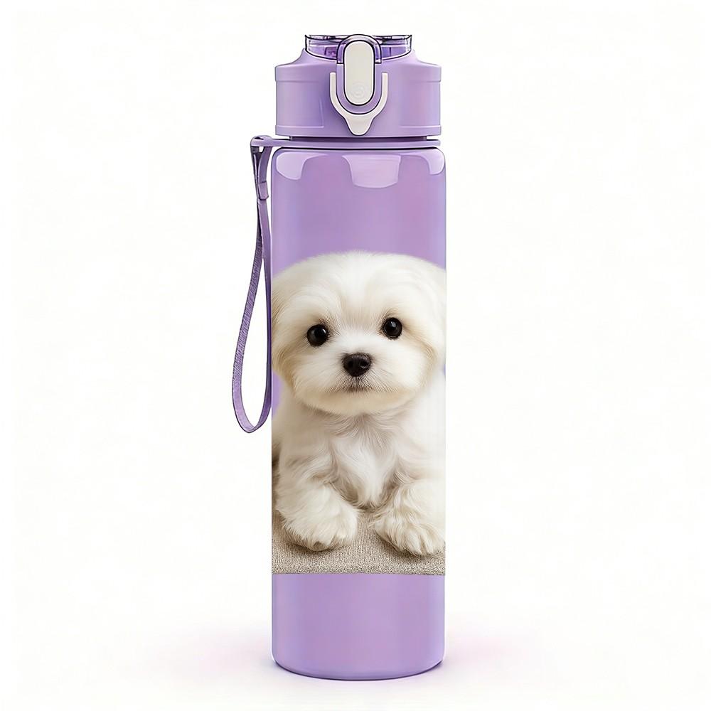 1PC Tiny White Puppy Standing Up 750ml Color Plastic Sports Water Bottle Leakproof Flip Straw Lid Suitable for Sports Office Home Use