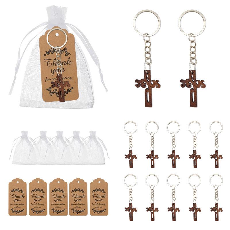Wooden cross keychain party gift kraft paper label and organza bag christening gift