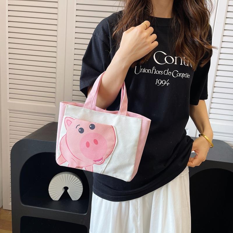 Summer new handbag cute cartoon printed piggy girl student storage portable canvas bag