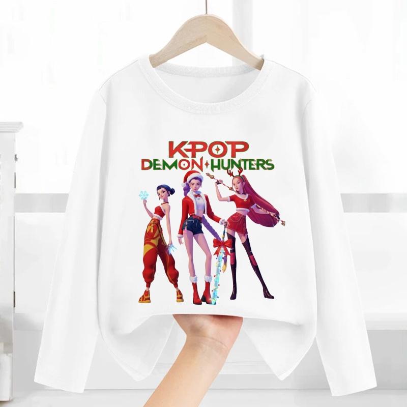 Merry Christmas Kpop Demon Hunters Print Fashion Kids T Shirt Casual Children Clothes Autumn Baby Boys Girls Long Sleeve T-shirt