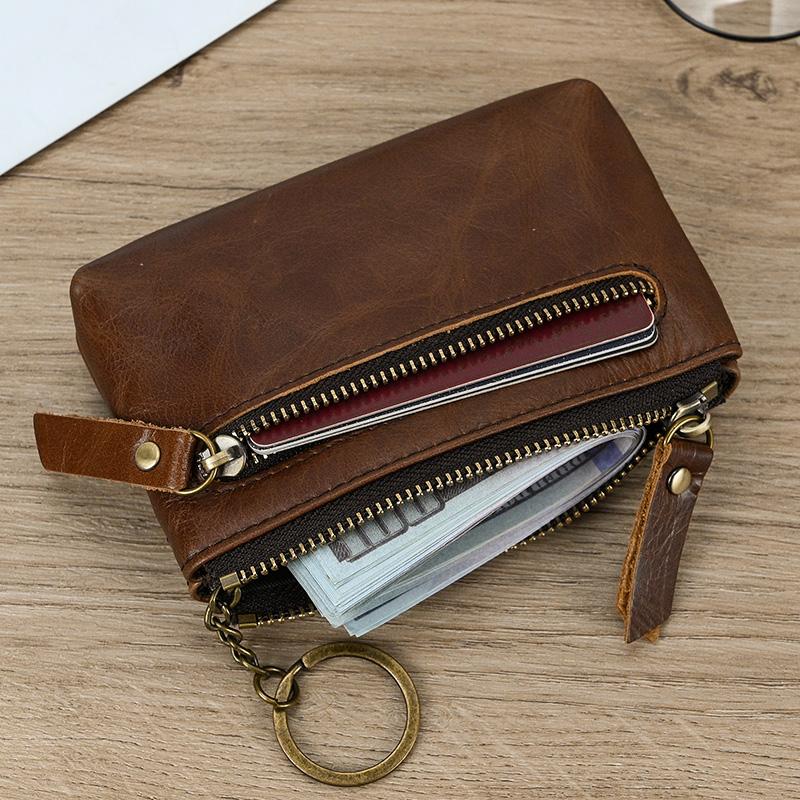Little Coin Purse Genuine Leather Real Cowhide Men's Leather Short Wallet Mini Purse Men Women Key Wallet Card Zip With Key Ring