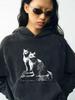 2025 season American old washed black foreign trend cat print hooded sweater loose