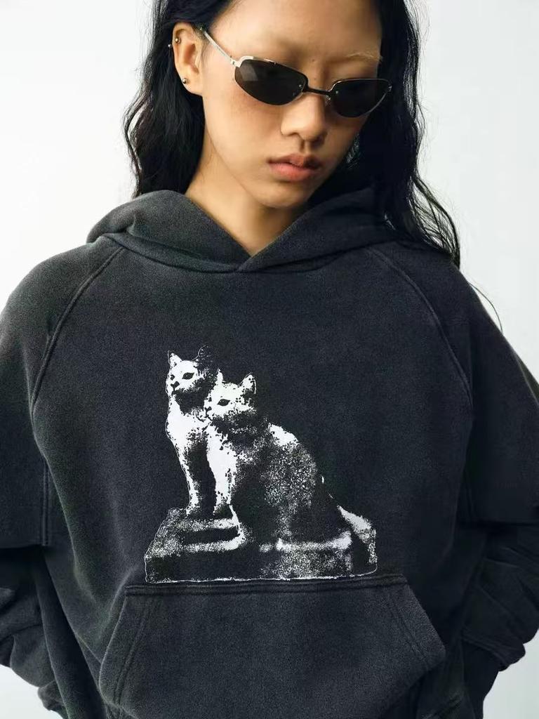 2025 season American old washed black foreign trend cat print hooded sweater loose