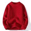 Herren Rot Dicker Zopfmuster Pullover Lässig Langarm Warm Pullover Oberbekleidung