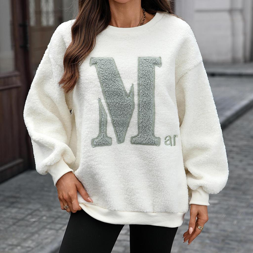 Women's Fashionable Round Neck Long Sleeved Loose Letter Embroidered Pullover Hoodie Top