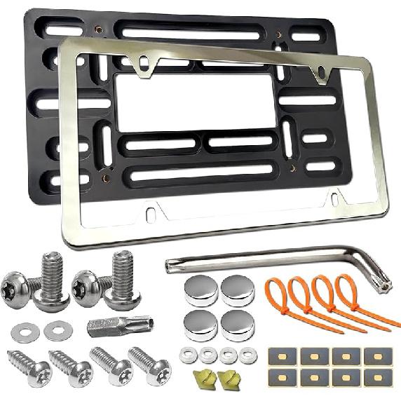 Aootf Front License Plate Bracket- Universal Bumper Mounting Kit, Car Tag Holder Adapter & Black Aluminum Plate Cover, Anti-Theft Lock Screw Bolt