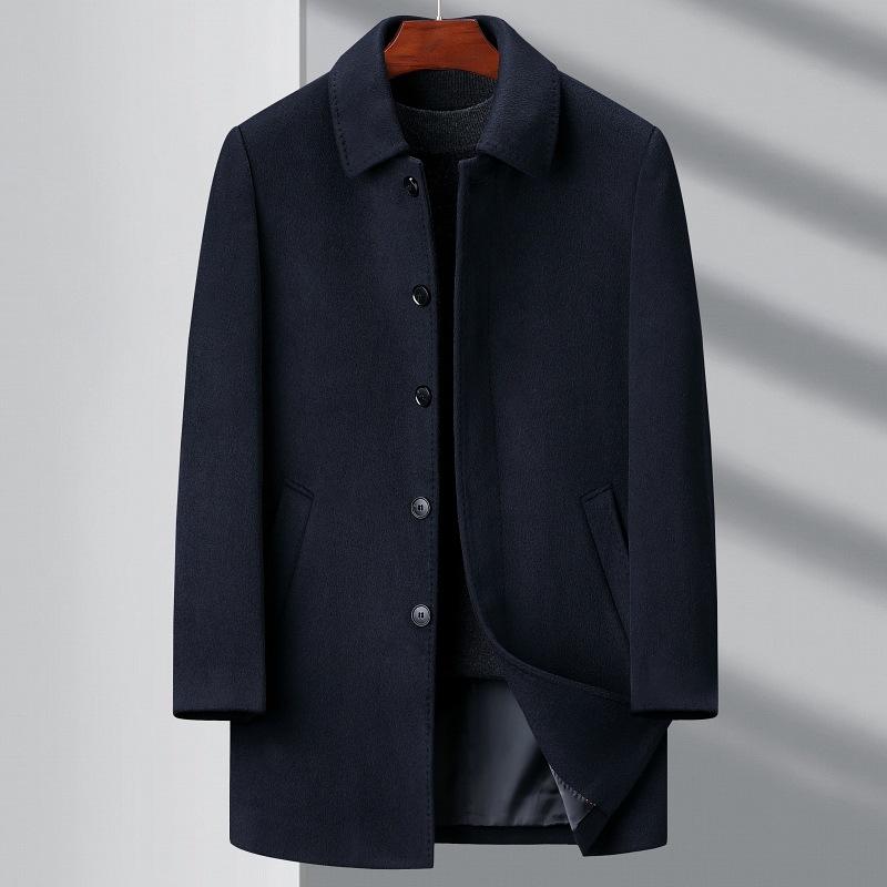 Middle-aged and Elderly Button Cashmere Coat Men's Medium-length Autumn and Winter Thickened Daddy Woolen Woolen Windbreaker Lapel Coat