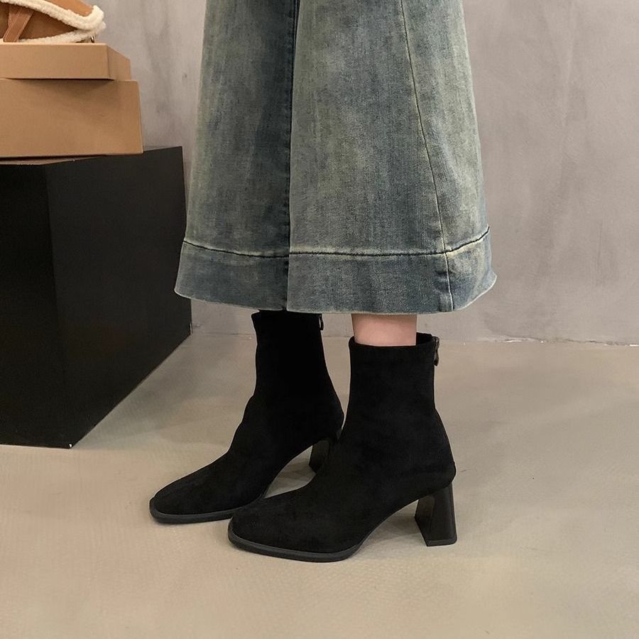 Fashion versatile and comfortable square head thick heel short boots women's 2025 autumn and winter new popular zipper casual thin boots