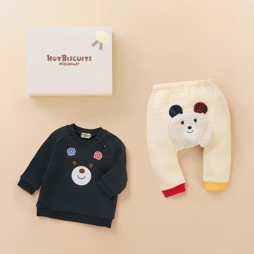 MIKIHOUSE HOT BISCUITS Sweatshirt & Pants Gift Set (Boxed) for Boys and Girls, Baby & Kids, Baby Shower Gift, Black, 70cm, 74-9944-146